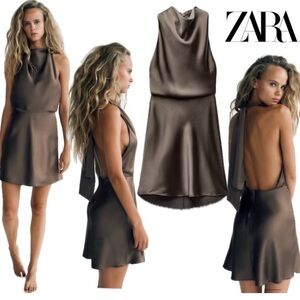 Zara khaki draped satin effect open back halter top mini dress Sz S